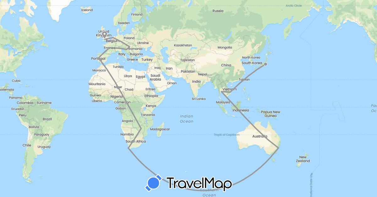 TravelMap itinerary: driving, plane in Australia, France, United Kingdom, Croatia, Hungary, Japan, Cambodia, Netherlands, Portugal, Thailand, Vietnam, South Africa, Zimbabwe (Africa, Asia, Europe, Oceania)